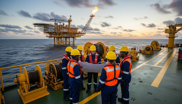 Team of oil and gas engineers and marine logistics professionals